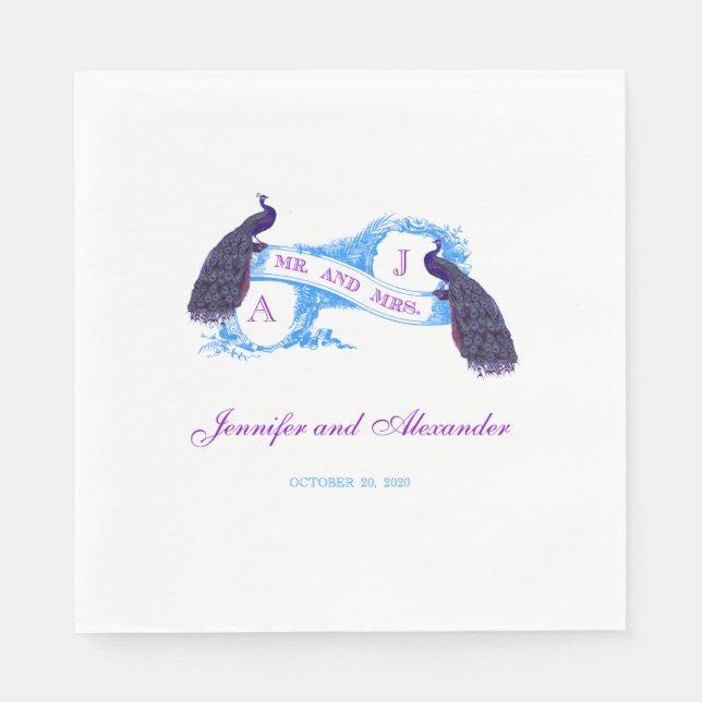 Lila aquamariner Pfau-Wedding Papierservietten (Vorderseite)