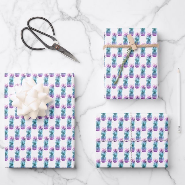 Lila Aquamarines Ananas-Muster Geschenkpapier Set (Vorderseite)