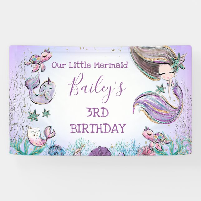 Lila Aquamarines beliebiges Alters Mermaid Geburts Banner (Horizontal)