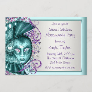 Lila Aquamarines Blue 16 . Geburtstag Masquerade P Einladung