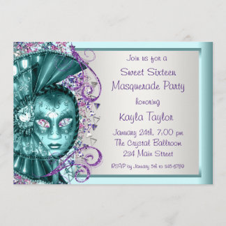 Lila Aquamarines Blue 16 . Geburtstag Masquerade P Einladung