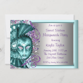 Lila Aquamarines Blue 16 . Geburtstag Masquerade P Einladung