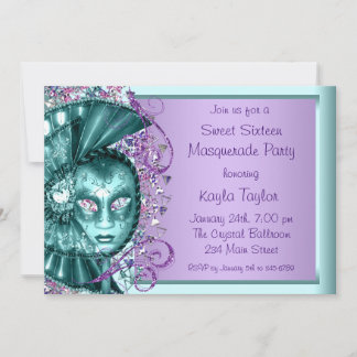 Lila Aquamarines Blue 16 . Geburtstag Masquerade P Einladung