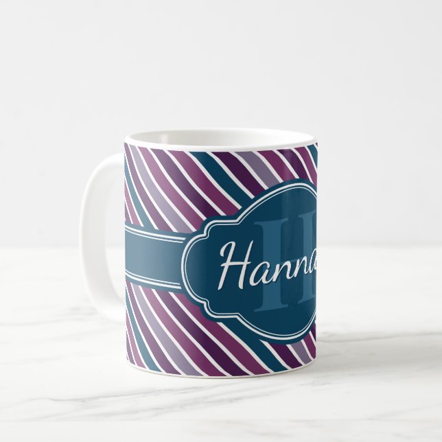 Lila Aquamarines, feines Streifenmuster Monogramm Kaffeetasse (Vorderseite Links)
