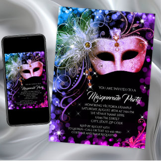 Lila Aquamarines Rainbow-Masquerade-Party Einladung