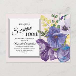 Lila Aquarell-Blumen auf Rosa zum 100. Geburtstag Postkarte