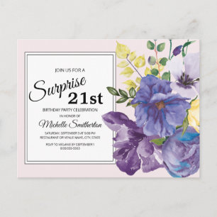 Lila Aquarell-Blumen auf Rosa zum 21. Geburtstag Postkarte