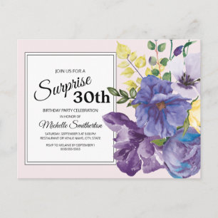Lila Aquarell-Blumen auf Rosa zum 30. Geburtstag Postkarte