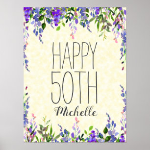 Lila Aquarell-Blumen Gelb 50. Geburtstag Poster