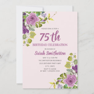Lila Aquarell Blumen Grüne Ranken 75. Geburtstag Einladung