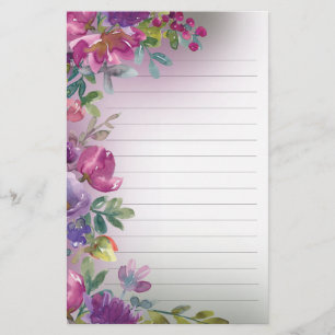 Lila-Aquarell-Blumen-Laub-Natur-liniertes Stat Briefpapier