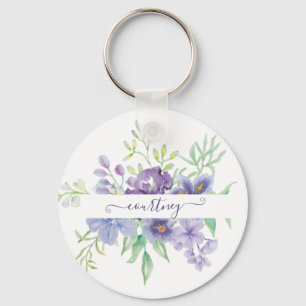 Lila Aquarell-Blumen personalisiert Schlüsselanhänger
