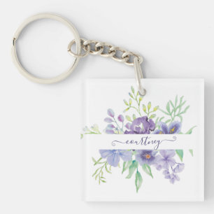 Lila-Aquarell-Blumen personalisiert Schlüsselanhänger