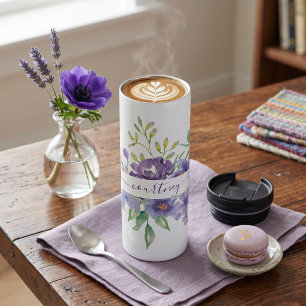 Lila-Aquarell-Blumen personalisiert Thermosbecher