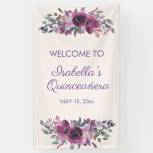 Lila Aquarell-Blumen-Quinceañera-Willkommensbanner Banner