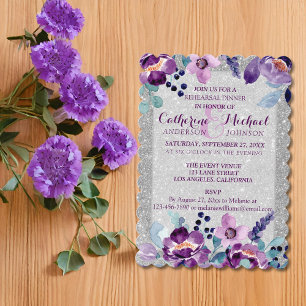 Lila Aquarell Blumen & Silber Glitter Hochzeit Einladung