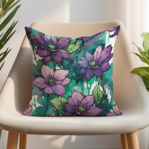 Lila Aquarell-Blumen Smaragdgrüne Blätter Kissen