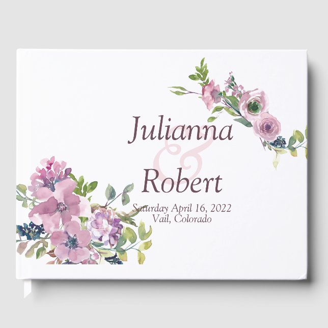 Lila Aquarell Blumenbuch Gästebuch (Vorderseite)