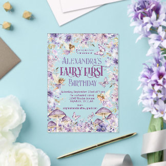 Lila Aquarell-Blumenfee zum ersten Geburtstag Acryleinladungen
