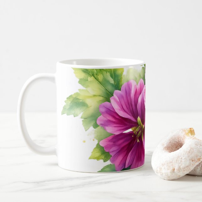 Lila Aquarell-Blumenillustration  Kaffeetasse (Mit Donut)