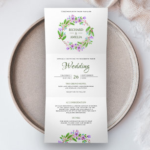 Lila Aquarell-Blumenkranz Foto-Hochzeit Dreifach Gefaltete Einladung