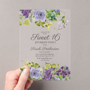 Lila Aquarell Blumenranken Sweet 16 Acryleinladungen
