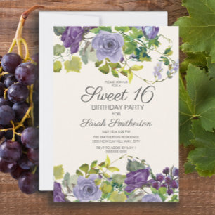 Lila Aquarell Blumenranken Sweet 16 Einladung