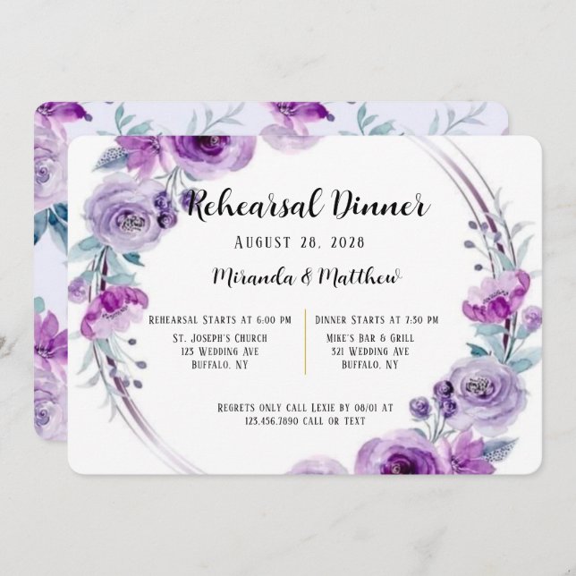 Lila Aquarell Blumenstrauß Probe Abendessen Einladung (Vorne/Hinten)