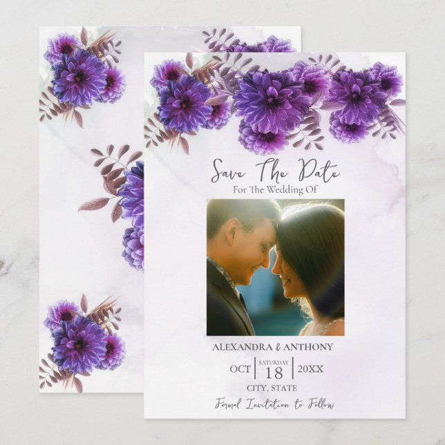 Lila Aquarell-Chrysantheme Save The Date (Vorne/Hinten)