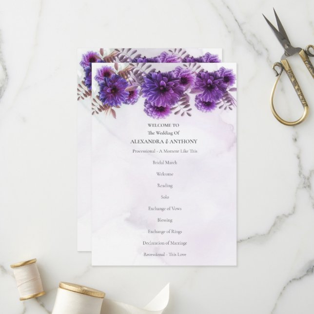 Lila Aquarell-Chrysanthemen-Hochzeit Programm (Vorderseite/Rückseite Beispiel)