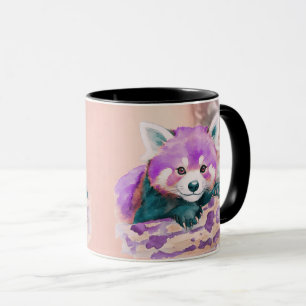Lila-Aquarell-Illustration des roten Pandas in Zwe Tasse