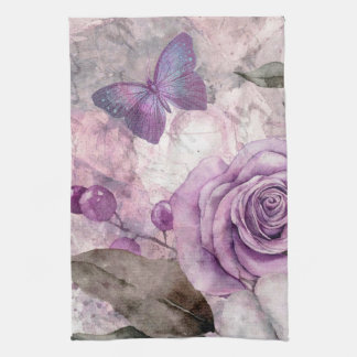 Lila Aquarell-Rose und Schmetterling Geschirrtuch
