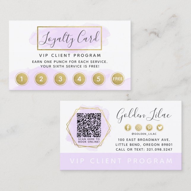 Lila Aquarell und Gold Loyalty Punch Briefmarke QR Visitenkarte (Vorne/Hinten)