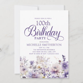 Lila Aquarellblume 100. Geburtstag Einladung