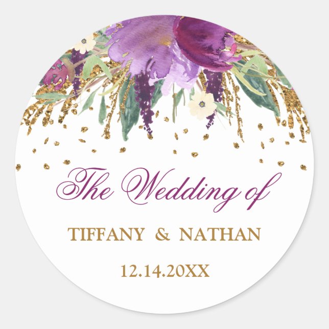Lila Aquarellblume Sparkling Amethyst Runder Aufkleber (Vorderseite)