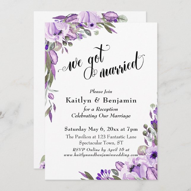 Lila Aquarellblume Wir Got Verheiratete Typografie Einladung (Vorne/Hinten)