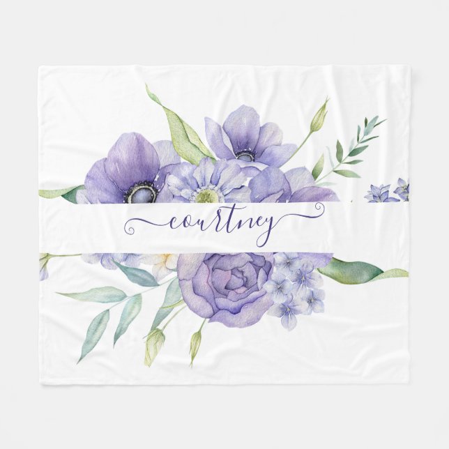 Lila Aquarellblumen personalisiert Fleecedecke (Vorderseite (Horizontal))