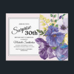 Lila Aquarellblüte am 30. Geburtstag in Pink Postkarte<br><div class="desc">Elegante und botanische lila und gelbe Aquarellblume auf rosa Überraschung 30. Geburtstag Party Einladung Postkarte.</div>