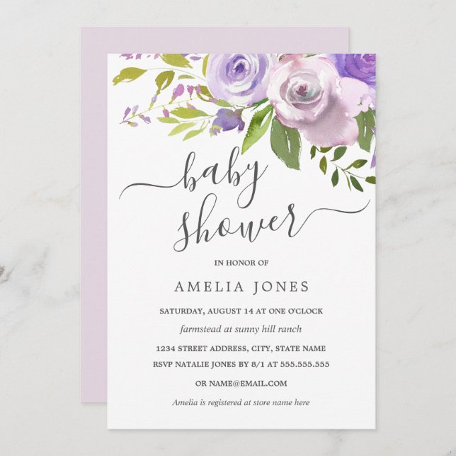 Lila Aquarellblütendusche Einladung (Vorne/Hinten)
