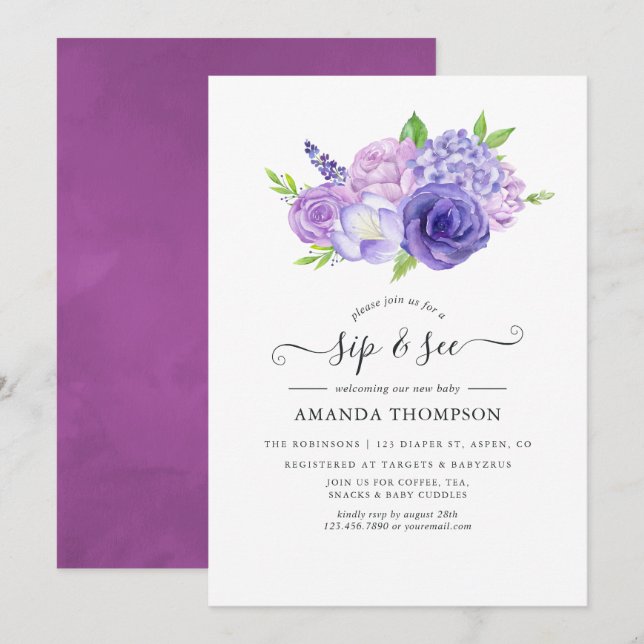 Lila Aquarellblütensippe und -sehen Einladung (Vorne/Hinten)