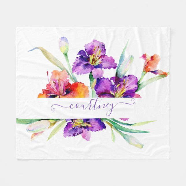 Lila Aquarellfarbe Iris personalisiert Fleecedecke (Vorderseite (Horizontal))
