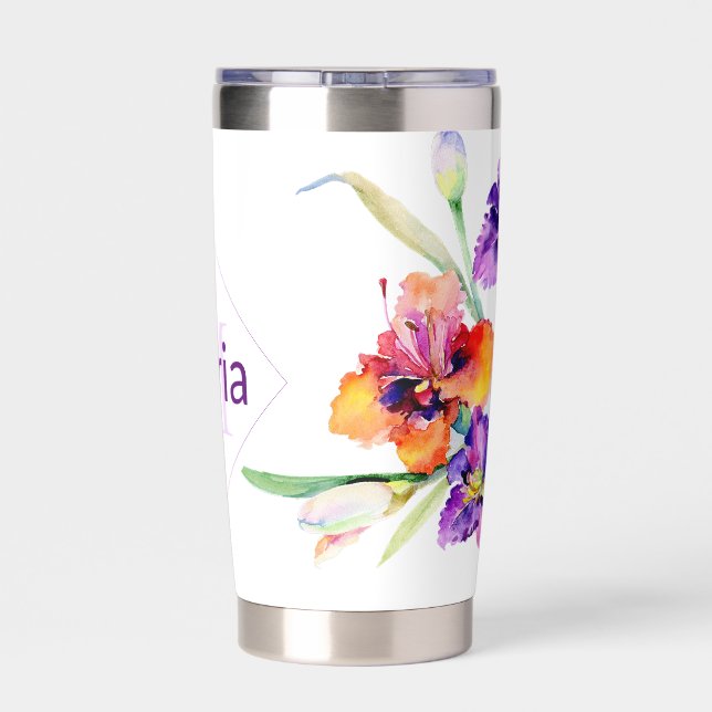 Lila Aquarellfarbe Iris personalisiert Kaffee Tass Thermobecher (Rückseite)