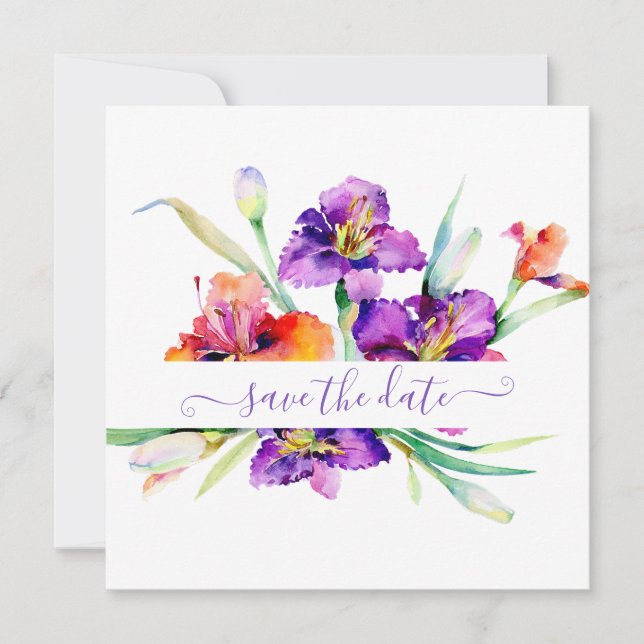 Lila Aquarellfarbe Iris personalisiert Save The Date (Vorderseite)