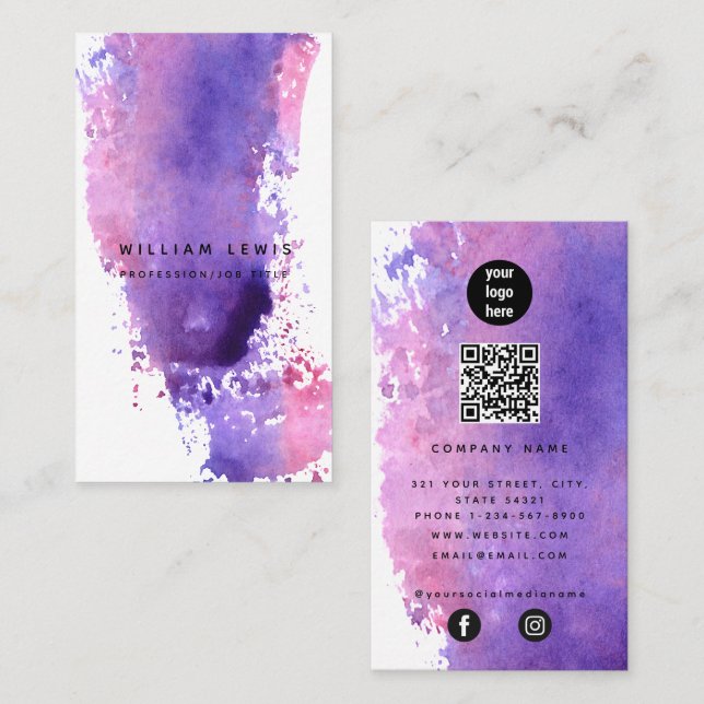 Lila Aquarellfarbe Minimalistisch QR Code Soziale  Visitenkarte (Vorne/Hinten)