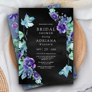 Lila Aquarellfarben Anemones Schwarzes Brautparty Einladung