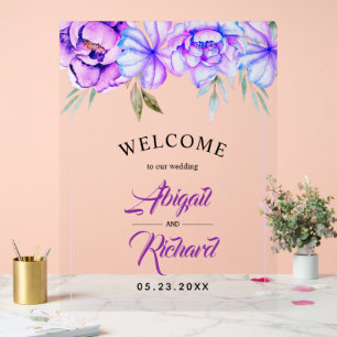 Lila Aquarellfarben Blume Blumenhochzeit WILLKOMME Acrylschild