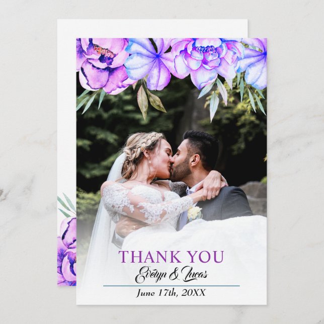 Lila Aquarellfarben-Blume Blumenzucht Hochzeit im  Dankeskarte (Vorne/Hinten)