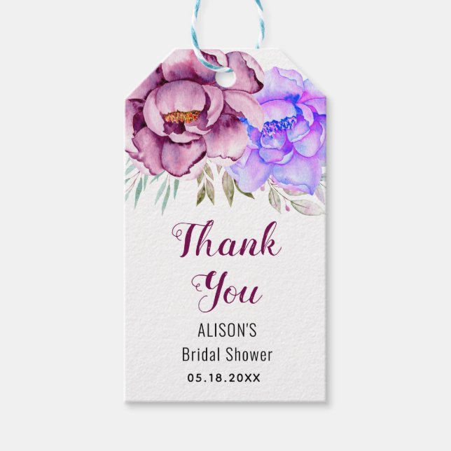 Lila Aquarellfarben Blume Danke Brautparty Geschenkanhänger (Vorderseite)
