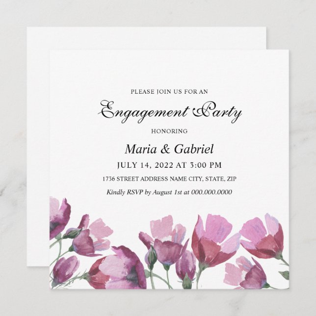 Lila Aquarellfarben-Blume. Flora-Engagement-Partei Einladung (Vorne/Hinten)