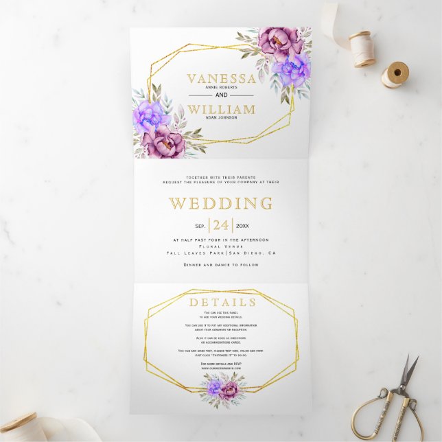 Lila Aquarellfarben-Blume Goldtypografie Dreifach Gefaltete Einladung (Innenseite)